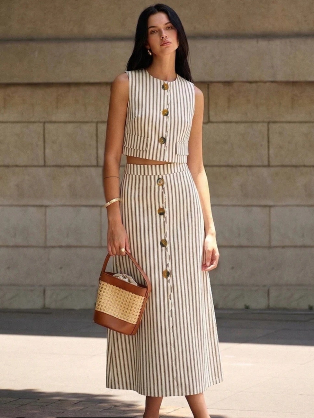 Cotton Striped Sleeveless Top & Midi Skirt Set
